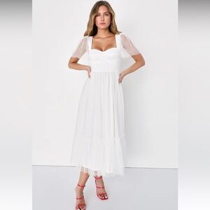 LULUs NWT Dreamy Celebration White Tulle Bustier Swiss Dot Midi Dress